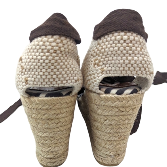 Tory Burch Wedge Espadrilles Womens 37 6.5 Black Natural Tie Ankle Heels - Picture 5 of 13